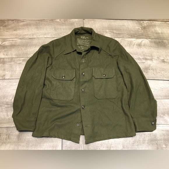 US Army OG-108 Olive Green Heavy Wool Field Shirt Jacket 1950s Vintage Medium